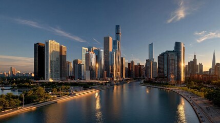 Obraz premium Modern City Skyline Reflecting Golden Hour Sunlight Over Calm River with Lush Greenery and Blue Sky