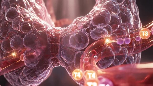 Thyroid gland anatomy hormone release t3 t4 detailed 3d medical illustration showing glandular structure hormone transport bloodstream glowing effect active release process endocrine biological system