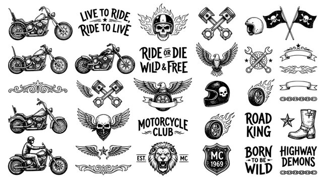 set of Biker Clipart in black and white color Perfect for Design Ornaments. hand drawn