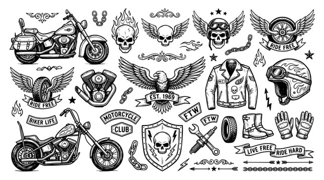 set of Biker club Clipart in black and white color Perfect for Design Ornaments. hand drawn