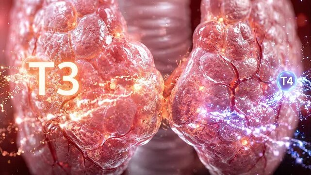 Thyroid gland releases hormones T3 and T4 regulating metabolism and energy with glowing effect showing active biological function detailed medical anatomy illustration endocrine system function