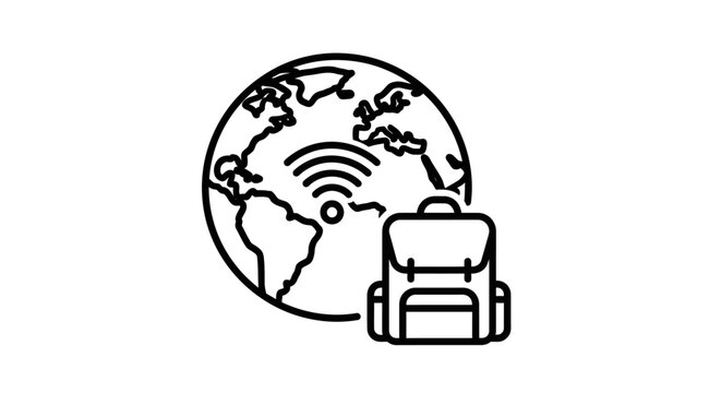 Global Connectivity: Backpack and Wi-Fi Symbol on Earth Outline