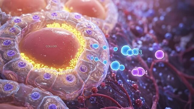 Thyroid hormone release of T3 and T4 molecules from follicular cells and colloid in gland tissue showing endocrine cellular structure and detailed biological hormone secretion process
