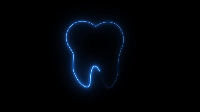 Neon tooth icon animation with Blue color on black background.4k motion graphic.
