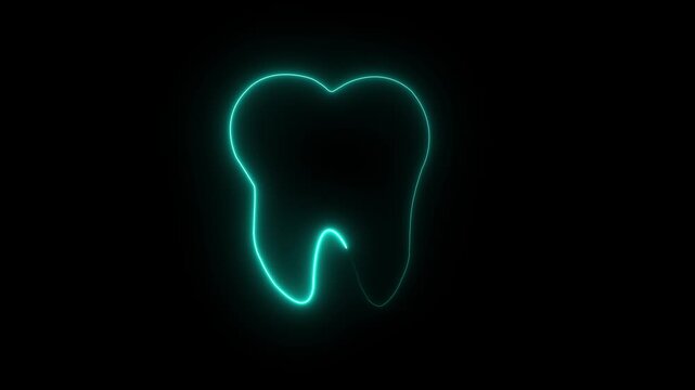 Neon tooth icon animation with Cyan color on black background.4k motion graphic.