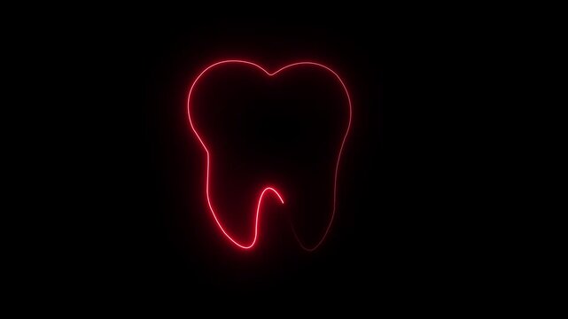 Neon tooth icon animation with Red color on black background.4k motion graphic.