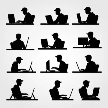 &lrm;Set of 6 modern minimalist programmer logo icons, black silhouette style, minimal detail, high contrast black on white background, vector illustration