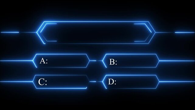 Abstract blue neon graphic equalizer bars with option choices a b c d and a central long bar for quiz shows or contests as a looping Motion Graphic 4k video.