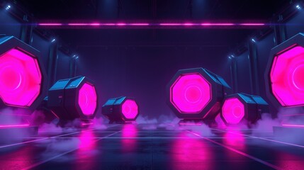 Fototapeta premium Futuristic corridor features glowing hexagonal structures, pink illumination, smoke effects. Dark, sleek design creates intense atmosphere.
