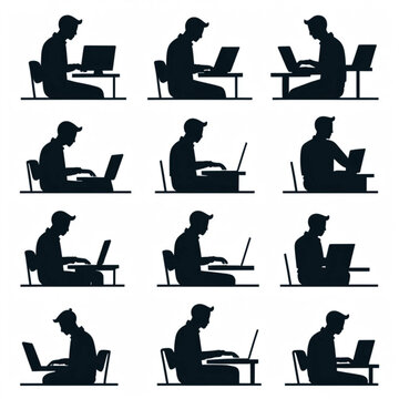 &lrm;Set of 6 modern minimalist programmer logo icons, black silhouette style, minimal detail, high contrast black on white background, vector illustration