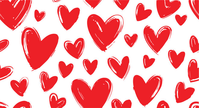 Set of romantic red heart icons with black arrows in a seamless row pattern for Valentines Day wedding invitations and romantic love