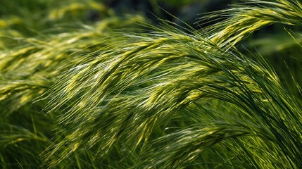 Fototapeta premium Close-up of golden green foxtail grass swaying in the gentle breeze, showcasing delicate textures and natural light