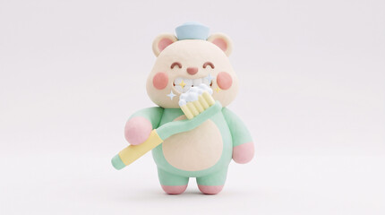 Fototapeta premium Cute 3D cartoon character brushing teeth with oversized toothbrush in pastel kawaii clay style isolated on white background.