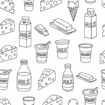 Seamless pattern with hand drawn dairy products.