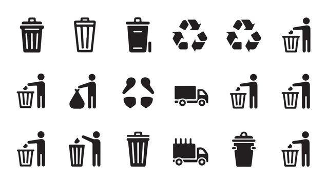 Set of isolated black vector trash bin and waste management icons on transparent background.