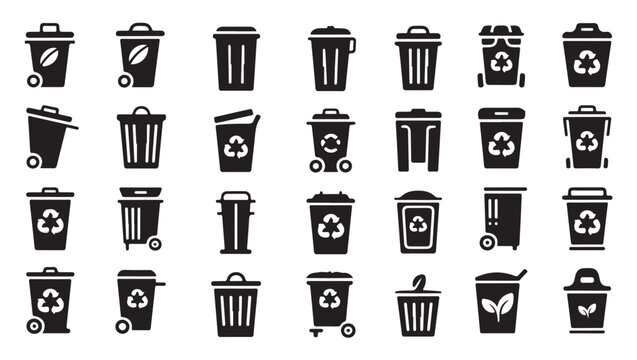 Comprehensive trash bin icon collection including organic waste and sorting bin silhouettes.