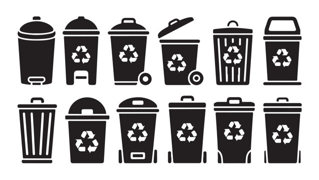 Large waste bin silhouettes with recycle symbols for municipal and industrial management.