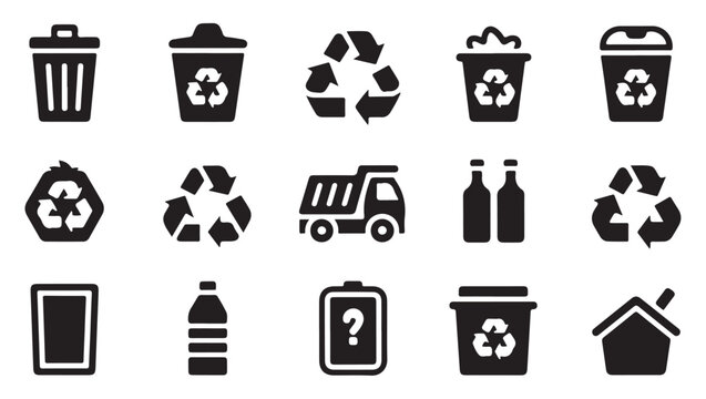 Waste management and recycling icons set featuring various trash bins symbols on grid background.
