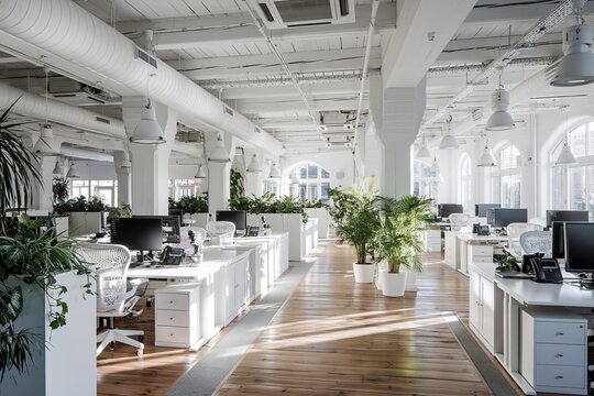 Spacious open-plan office with white desks, computer workstations, and natural light creating a modern, productive workspace
