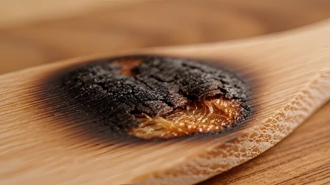 Close up of a burnt wooden spoon on a wooden surface.
