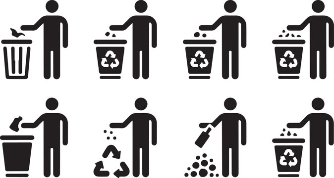 Human figures throwing garbage into different types of trash cans.