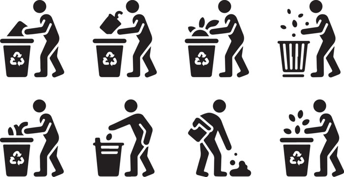People throwing garbage into recycling bins set of eight illustrations on transparent base.