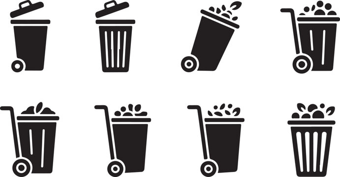 Waste management icons set showing outdoor garbage wheelie bins and residential trash cans.