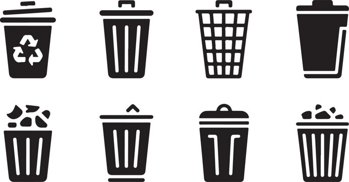 Recycling bin vector silhouettes with various designs for indoor and outdoor waste sorting.