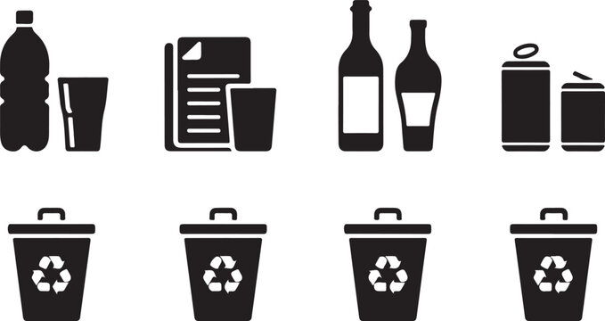 Waste sorting icons for materials including plastic paper glass and metal recycling bins.