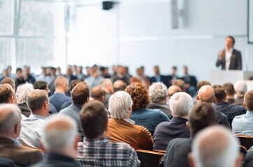 Obraz premium Diverse audience attends a business seminar with speaker presenting at the front of the room