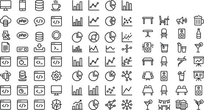 Technology Business Analytics and Restaurant Line Icon Set Featuring Coding, Database, Charts, Furniture, Food, and Hospitality Symbols for Digital Design