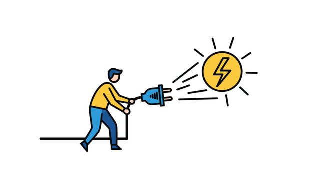 Man pulling a power plug towards a lightning bolt icon in a circle representing energy consumption, connectivity, and power supply issues.