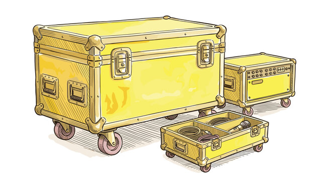 Musical equipment flight cases set with portable storage trunks for audio gear touring and concert production gear.