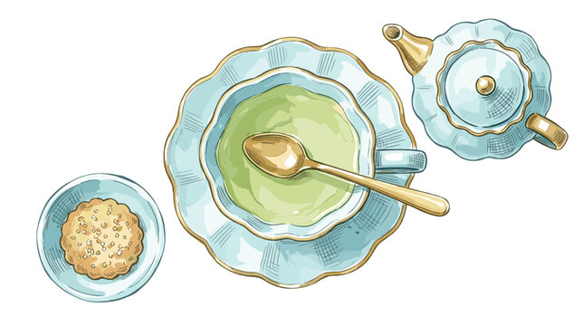 Elegant afternoon tea set featuring porcelain teapot cup with saucer spoon and small cookie on transparent base.