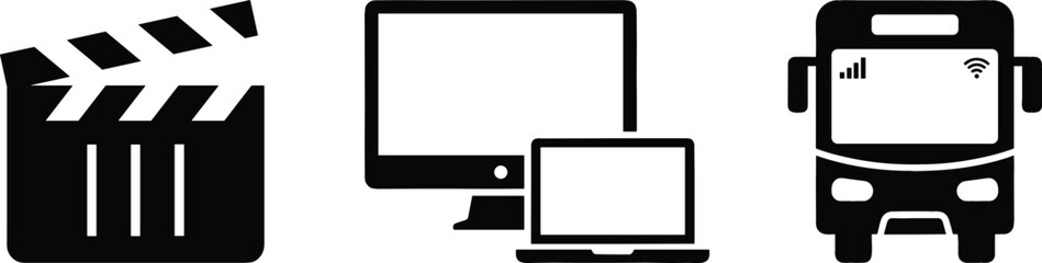 Black vector icon set with movie clapperboard computer screen laptop smart connected transit bus isolated on solid white background © ovi