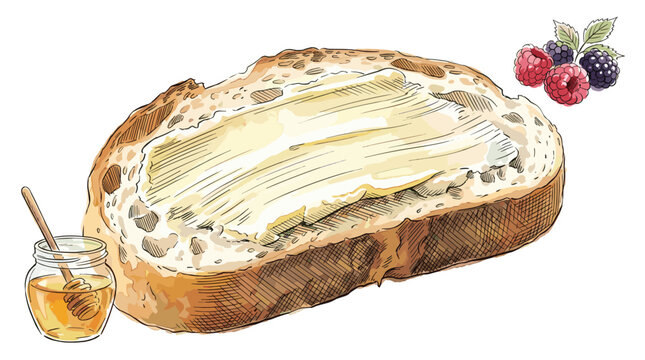 Slice of crusty bread with butter spread honey jar and berries hand drawn sketch vector on a transparent background.