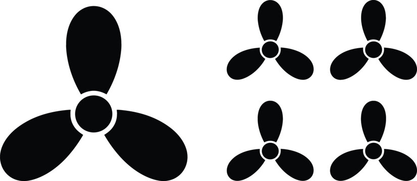 Propeller vector icon set with three blades for boat marine engine ship ventilation fan blower isolated on white background