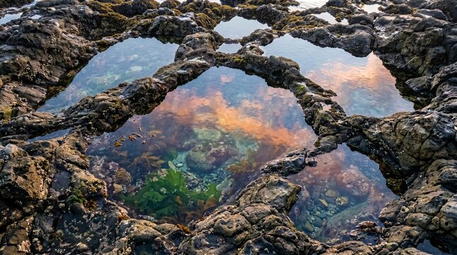 Rocky tide pools reflect colorful sunset on a rugged shoreline landscape