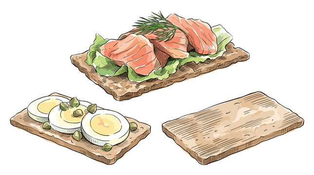 Smoked salmon on rye bread with eggs and crispbread, healthy food, transparent background.