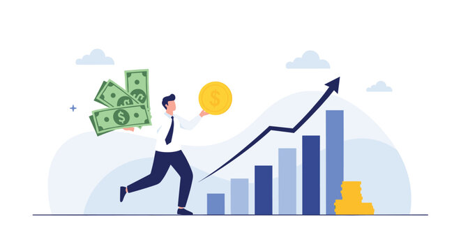 Energetic businessman runs with a stack of dollar bills toward a rising financial graph, representing investment growth and profit making.