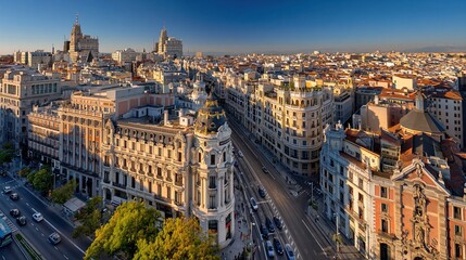 Obraz premium Panoramic aerial view of historic Gran Via street in Madrid, Spain, bathed in warm sunset light