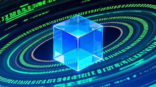 Blue cube with binary code in space