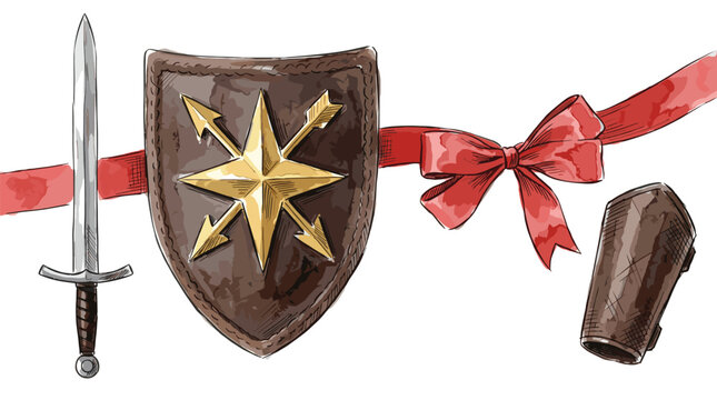 Medieval knight equipment including shield with golden star sword and leather bracer with red ribbon bow set.