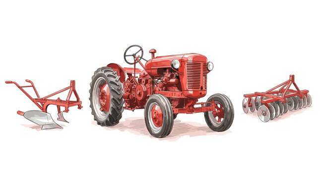 Red vintage tractor with farm attachments including plow and disc harrow agricultural machinery equipment set.