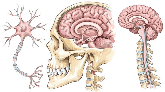 Human skull and brain anatomy side view with neuron cell illustration showing nervous system structure.
