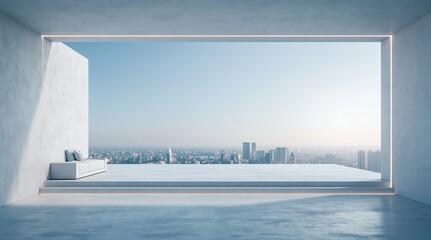 Naklejka premium Modern minimalist open-plan living space with panoramic city skyline view and contemporary sofa