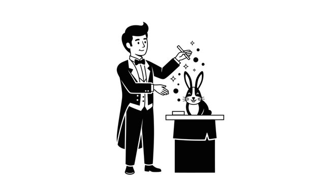 Magician Performing A Rabbit From A Hat Trick Illustration.