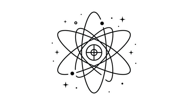 Atomic structure vector set with nucleus, orbiting electrons, and stars, black-and-white illustration for science, physics, and educational icon designs