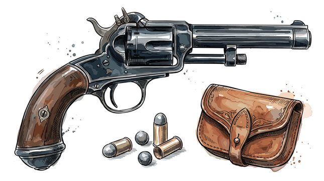 Old revolver handgun ammunition and leather pouch isolated on transparent background vintage western style.