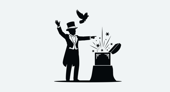 Silhouette illustration of a magician performing a magic trick with a dove.